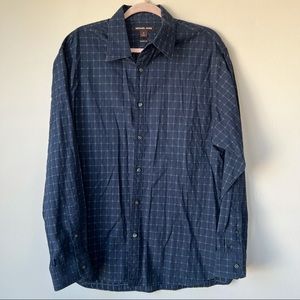 Michael Kors Navy Blue Classic Fit Button Front Shirt Grid Pattern Size XL